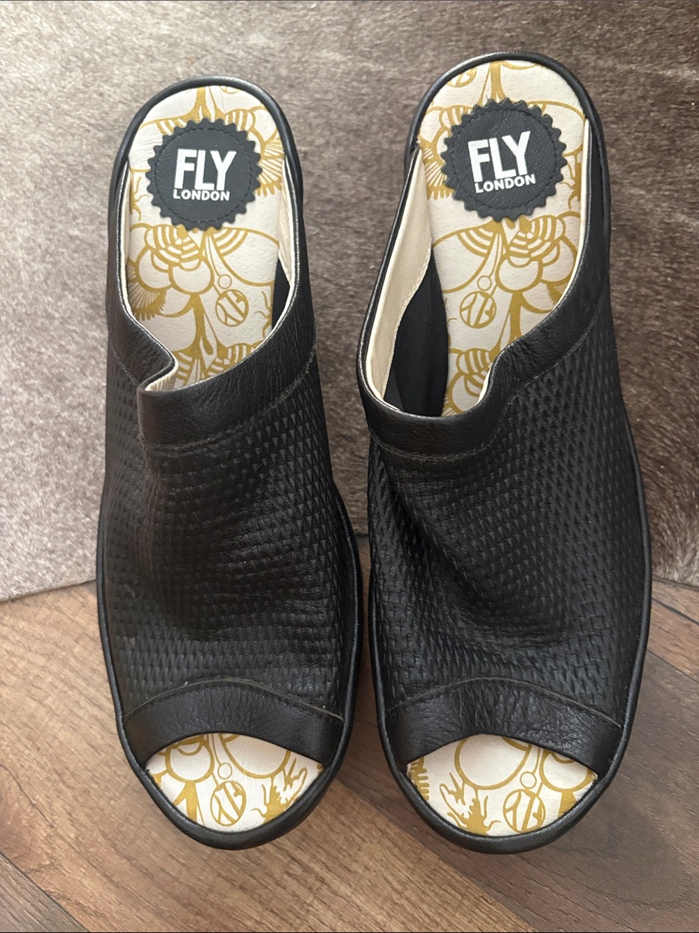 FLY London JAMB864FLY Black Leather Perforated Wedge 41 10-10.5 worn once
